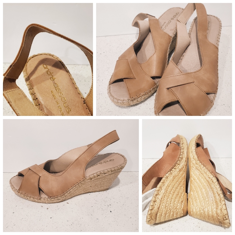 Andre Assous Espadrilles Leather Wedges Nude Tan Sling Back Sandals Women's 10